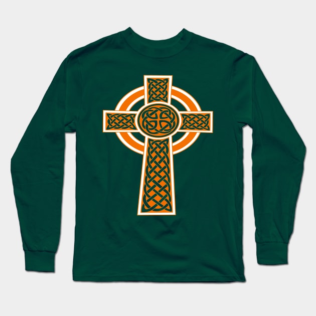 St Patrick's Day Celtic Cross Orange and White Long Sleeve T-Shirt by taiche